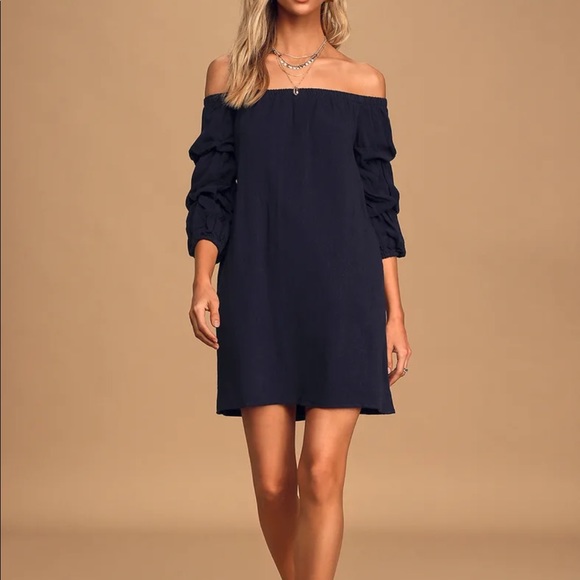 Lulus Navy Blue Off the Shoulder Dress - Picture 6 of 7